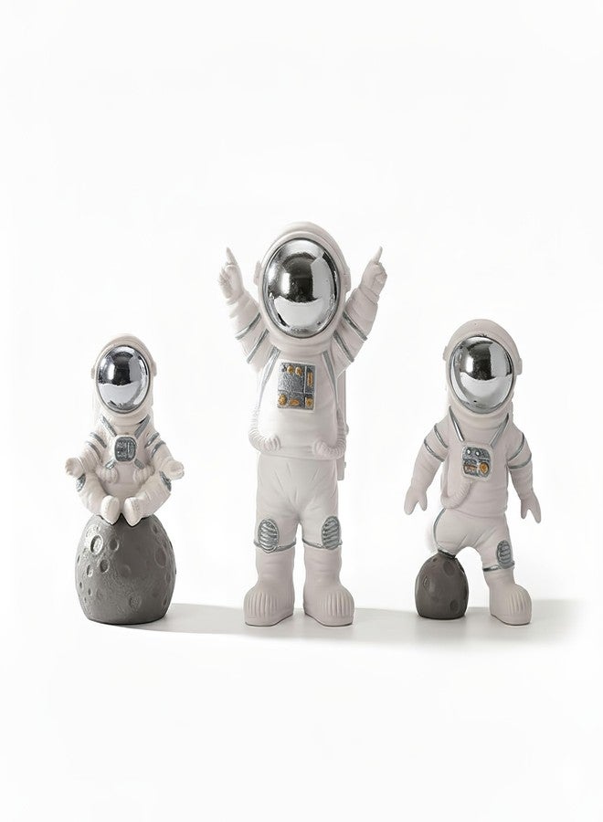 REWOP Astronaut Figurine Set of 3 - Cute Space Theme Desk Decor, Moon Surface Resin Statues for Home, Office, Car Dashboard, Gift for Kids & Space Lovers (Silver) - Image 4